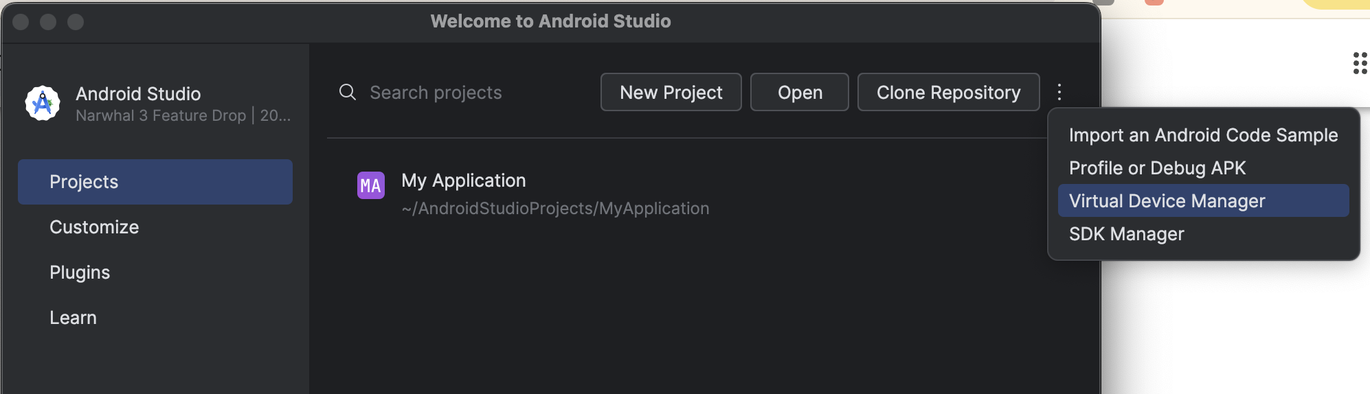 Android Studio's menu